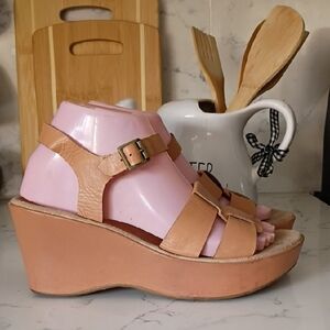 Kork-Ease Tan Leather Wedge Sandals with Ankle Buckle